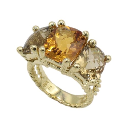 David Yurman 18 Karat Yellow Gold Citrine & Smoky Quartz Three Stone Band Ring
